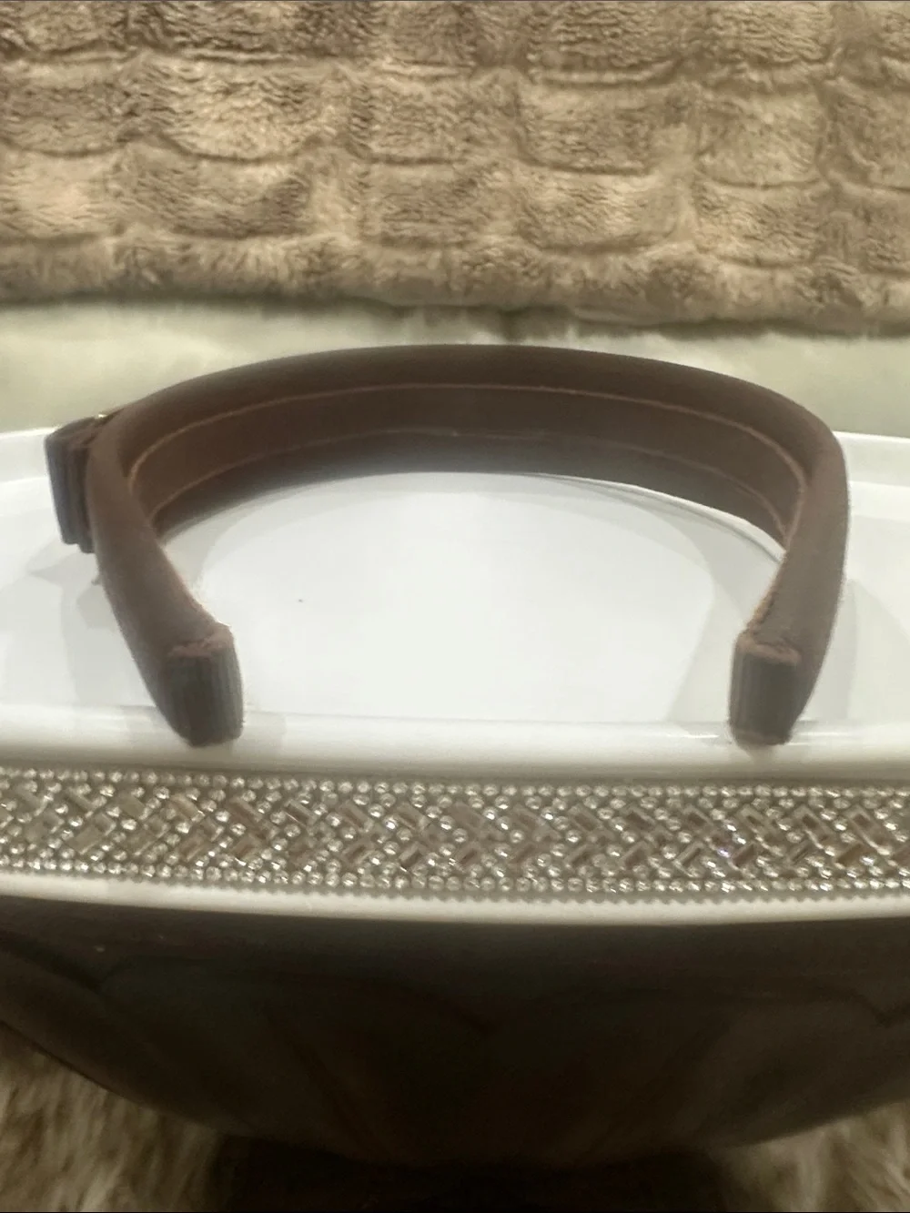 SALVATORE FERRAGAMO Brown Grosgrain Bow Headband with Gold FERRAGAMO Plaque